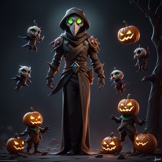 "death prophet" from Dota2 surrounded by her ghosts, glowing green eyes, full body shot, cinematic lighting, gloomy mood, horror,plague doctor,horror,Jack o 'Lantern, jack-o'-lantern monster