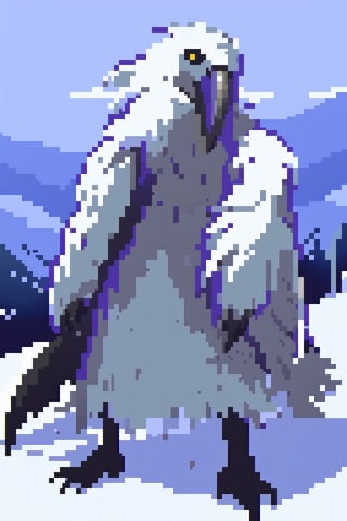 Opium bird, standing, feathers, white feathers, bird, birdman, humanoid, bird head, with extremely long beak, long beak, long mouth, full body, bird legs, bird arms, sinister, terrifying, beautiful , ragged, wide body, fat

High quality, HD, 4kHD, cinematic, atmospheric, realistic, ultra-realistic
snow, mountain, cloudy, gray sky, dark clouds
Detail,lora:largebulg1-000012:1,AIDA_NH_humans,Pixel art