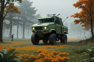  in a green meadow, , in forest, surrounded by nature, fog, bright orange flowers, sunny day, truck with weapons,, high quality, great detail, enveloping atmosphere,,  Spider Tank in a green meadow,non-humanoid robot