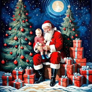 Santa Claus with a small child on his knee, surrounded by gifts, Christmas atmosphere

Art style by Kate Baylay
