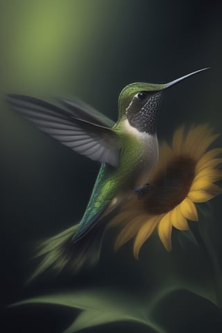 Create an elegant and captivating portrait of a wonderful hummingbird sniffing a sunflower. Use vibrant light and shadow to highlight complex details and jagged edges. Let the dark black and gold textured background accentuate the painting, combining modern styles with neon green and yellow paints, give a touch of pen painting, watercolor and oil techniques. Embrace negative space with captivating brushstrokes and stencil art, evoking beauty and allure.,Digital painting ,ColorART,pencil sketch,<lora:659095807385103906:1.0>