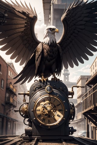 Generates an image of a majestic Steampunk-style robot eagle. Its body is meticulously constructed using intricate clockwork mechanisms, with gears and bronze parts forming its structure. Its rusted metal wings spread elegantly, displaying details of rivets and steam pipes. His eyes shine with an intense golden light, while his beak is adorned with brass ornaments. The eagle stands in an imposing pose, as if it is about to take flight into the steamy skies of a Steampunk city