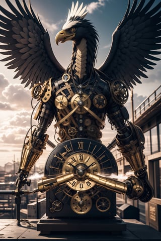 Generates an image of a majestic Steampunk-style robot eagle. Its body is meticulously constructed using intricate clockwork mechanisms, with gears and bronze parts forming its structure. Its rusted metal wings spread elegantly, displaying details of rivets and steam pipes. His eyes shine with an intense golden light, while his beak is adorned with brass ornaments. The eagle stands in an imposing pose, as if it is about to take flight into the steamy skies of a Steampunk city,mechanical