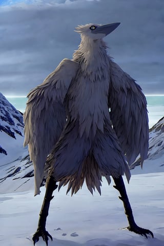 Opium bird, standing, feathers, white feathers, bird, birdman, humanoid, bird head, with extremely long beak, long beak, long mouth, full body, bird legs, bird arms, sinister, terrifying, beautiful , ragged, wide body, fat

High quality, HD, 4kHD, cinematic, atmospheric, realistic, ultra-realistic
snow, mountain, cloudy, gray sky, dark clouds
Detail,lora:largebulg1-000012:1,AIDA_NH_humans,Pixel art,lora:largebulg1-000012:1