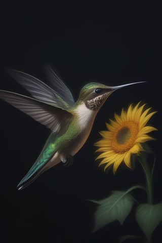 Create an elegant and captivating portrait of a wonderful hummingbird sniffing a sunflower. Use vibrant light and shadow to highlight complex details and jagged edges. Let the dark black and gold textured background accentuate the painting, combining modern styles with neon green and yellow paints, give a touch of pen painting, watercolor and oil techniques. Embrace negative space with captivating brushstrokes and stencil art, evoking beauty and allure.,Digital painting ,ColorART,pencil sketch,<lora:659095807385103906:1.0>