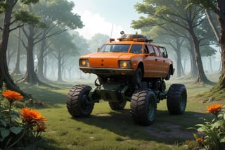  in a green meadow, , in forest, surrounded by nature,  bright orange flowers, sunny day, truck with weapons,, high quality, great detail, enveloping atmosphere,,  Spider Tank in a green meadow,non-humanoid robot
