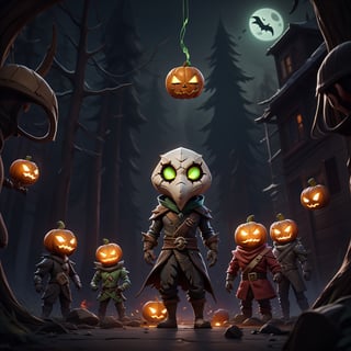 "death prophet" from Dota2 surrounded by her ghosts, glowing green eyes, full body shot, cinematic lighting, gloomy mood, horror,plague doctor,horror,Jack o 'Lantern, jack-o'-lantern monster, little elves with jack-o'-lantern heads, clash of clash, heterochromia