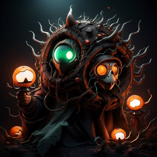 "death prophet" from Dota2 surrounded by her ghosts, glowing green eyes, full body shot, cinematic lighting, gloomy mood, horror,plague doctor,horror,Jack o 'Lantern, jack-o'-lantern monster, little elves with jack-o'-lantern heads, clash of clash, heterochromia,EpicArt,AGE REGRESSION,DonMG414