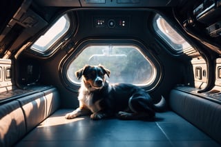 realistic, masterpiece, best quality, cute dog in astronaut suite, ultra high definition, masterpiece, best quality, astroverse, spaceship, nasa, interior of a spaceship, astronaut, astronaut dog, cosmo, space,Futuristic room