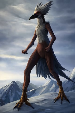 Opium bird, standing, feathers, white feathers, bird, birdman, humanoid, bird head, with extremely long beak, long beak, long mouth, full body, bird legs, bird arms, sinister, terrifying, beautiful , ragged, wide body, fat

High quality, HD, 4kHD, cinematic, atmospheric, realistic, ultra-realistic
snow, mountain, cloudy, gray sky, dark clouds
Detail,lora:largebulg1-000012:1,AIDA_NH_humans,Pixel art,lora:largebulg1-000012:1,lora:largebulg1-000012:1