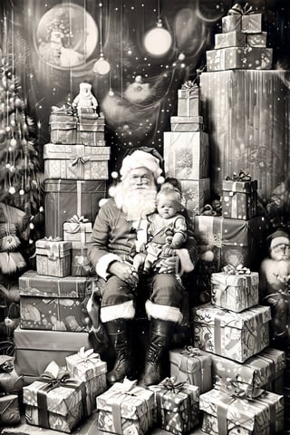 black and white photography.
High quality in the face, HD, extremely high quality in the face
Santa Claus with a small child on his knee, surrounded by gifts of various colors, Christmas atmosphere

Art style by Kate Baylay,photorealistic