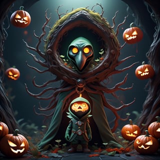 "death prophet" from Dota2 surrounded by her ghosts, glowing green eyes, full body shot, cinematic lighting, gloomy mood, horror,plague doctor,horror,Jack o 'Lantern, jack-o'-lantern monster, little elves with jack-o'-lantern heads, clash of clash, heterochromia,EpicArt,AGE REGRESSION,DonMG414 