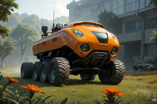  in a green meadow, , surrounded by nature,  bright orange flowers, sunny day, Futuristic truck, 4x4, truck with weapons,, truck, high quality, great detail, enveloping atmosphere,,  Spider Tank in a green meadow,non-humanoid robot