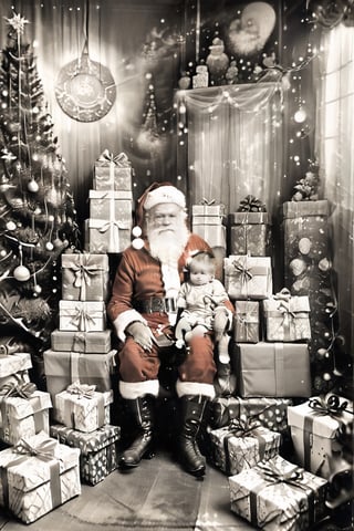 black and white photography.
High quality in the face, HD, extremely high quality in the face
Santa Claus with a small child on his knee, surrounded by gifts of various colors, Christmas atmosphere

Art style by Kate Baylay,photorealistic