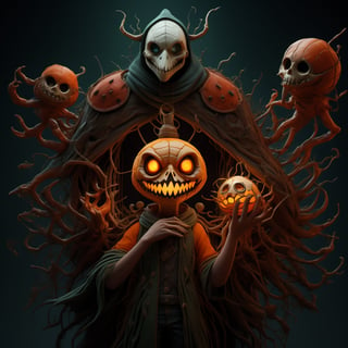 "death prophet" from Dota2 surrounded by her ghosts, glowing green eyes, full body shot, cinematic lighting, gloomy mood, horror,plague doctor,horror,Jack o 'Lantern, jack-o'-lantern monster, little elves with jack-o'-lantern heads, clash of clash, heterochromia,EpicArt,AGE REGRESSION,DonMG414 