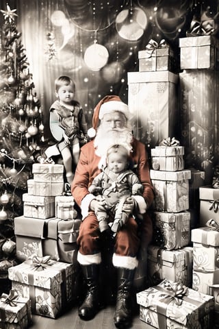 black and white photography.
High quality in the face, HD, extremely high quality in the face
Santa Claus with a small child on his knee, surrounded by gifts of various colors, Christmas atmosphere

Art style by Kate Baylay,photorealistic