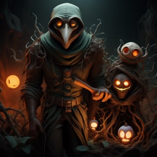 "death prophet" from Dota2 surrounded by her ghosts, glowing green eyes, full body shot, cinematic lighting, gloomy mood, horror,plague doctor,horror,Jack o 'Lantern, jack-o'-lantern monster, little elves with jack-o'-lantern heads, clash of clash, heterochromia,EpicArt,AGE REGRESSION,DonMG414 