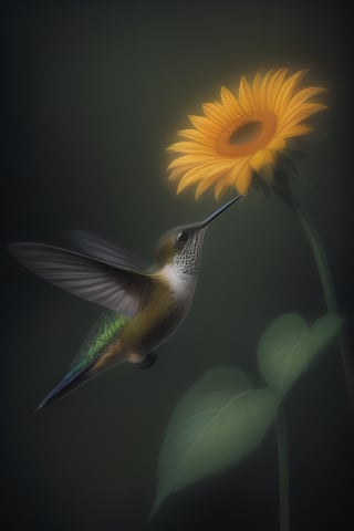 Create an elegant and captivating portrait of a wonderful hummingbird sniffing a sunflower. Use vibrant light and shadow to highlight complex details and jagged edges. Let the dark black and gold textured background accentuate the painting, combining modern styles with neon green and yellow paints, give a touch of pen painting, watercolor and oil techniques. Embrace negative space with captivating brushstrokes and stencil art, evoking beauty and allure.,Digital painting ,ColorART,pencil sketch,<lora:659095807385103906:1.0>
