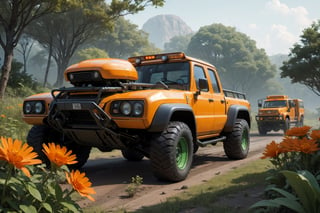  in a green meadow, , in forest, surrounded by nature,  bright orange flowers, sunny day, Futuristic truck, 4x4, truck with weapons,, high quality, great detail, enveloping atmosphere,,  Spider Tank in a green meadow,non-humanoid robot