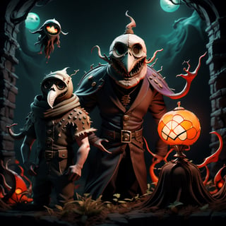 "death prophet" from Dota2 surrounded by her ghosts, glowing green eyes, full body shot, cinematic lighting, gloomy mood, horror,plague doctor,horror,Jack o 'Lantern, jack-o'-lantern monster, little elves with jack-o'-lantern heads, clash of clash, heterochromia,EpicArt,AGE REGRESSION,DonMG414