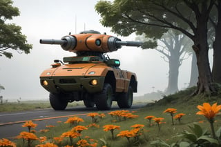  in a green meadow, , in forest, surrounded by nature, fog, bright orange flowers, sunny day, truck with weapons,, high quality, great detail, enveloping atmosphere,,  Spider Tank in a green meadow,non-humanoid robot