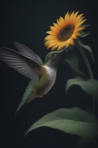 Create an elegant and captivating portrait of a wonderful hummingbird sniffing a sunflower. Use vibrant light and shadow to highlight complex details and jagged edges. Let the dark black and gold textured background accentuate the painting, combining modern styles with neon green and yellow paints, give a touch of pen painting, watercolor and oil techniques. Embrace negative space with captivating brushstrokes and stencil art, evoking beauty and allure.,Digital painting ,ColorART,pencil sketch,<lora:659095807385103906:1.0>