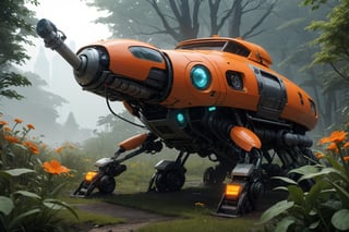  Spider Tank in a green meadow, , surrounded by nature, high detail in the face, bright orange flowers, sunny day, surrounded by small forest animals, high quality, great detail, enveloping atmosphere,AIDA_LoRA_yulzy,fantasy00d,fantai12,DonMG414 ,eggmantech,horror,hackedtech,full body, perfect hands,FFIXBG,wrench_elven_arch,outdoors,Beauty,ai ohto,1 girl,gigantic_breast,non-humanoid robot,  with futuristic suit