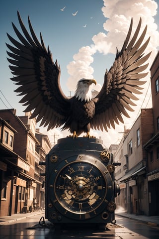 Generates an image of a majestic Steampunk-style robot eagle. Its body is meticulously constructed using intricate clockwork mechanisms, with gears and bronze parts forming its structure. Its rusted metal wings spread elegantly, displaying details of rivets and steam pipes. His eyes shine with an intense golden light, while his beak is adorned with brass ornaments. The eagle stands in an imposing pose, as if it is about to take flight into the steamy skies of a Steampunk city