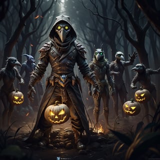 "death prophet" from Dota2 surrounded by her ghosts, glowing green eyes, full body shot, cinematic lighting, gloomy mood, horror,plague doctor,horror,Jack o 'Lantern