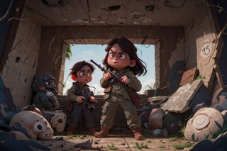 on the outside
assault rifle, holding a rifle, soldier clothing,
Iran, Afghanistan
fire, war crimes, apocalypse, war crimes, terrorism, terrorist, destroyed car

  assault rifle, firearm
Debris, destruction, ruined city, death and destruction.
​
2 girls
Angry, angry look, 
child, child focusloli focus, a girl dressed as a soldier, surrounded by war destruction, cloudy day, high quality, high detail, immersive atmosphere, fantai12,DonMG414, horror,full body,full_gear_soldier,full gear,soldier,r1ge,xxmixgirl, ,realistic,ink 