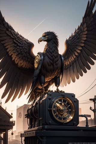 Generates an image of a majestic Steampunk-style robot eagle. Its body is meticulously constructed using intricate clockwork mechanisms, with gears and bronze parts forming its structure. Its rusted metal wings spread elegantly, displaying details of rivets and steam pipes. His eyes shine with an intense golden light, while his beak is adorned with brass ornaments. The eagle stands in an imposing pose, as if it is about to take flight into the steamy skies of a Steampunk city