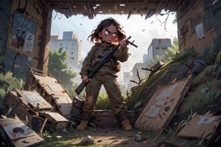 on the outside
assault rifle, holding a rifle, soldier clothing,
Iran, Afghanistan
fire, war crimes, apocalypse, war crimes, terrorism, terrorist, destroyed car

  assault rifle, firearm
Debris, destruction, ruined city, death and destruction.
​
2 girls
Angry, angry look, 
child, child focusloli focus, a girl dressed as a soldier, surrounded by war destruction, cloudy day, high quality, high detail, immersive atmosphere, fantai12,DonMG414, horror,full body,full_gear_soldier,full gear,soldier,r1ge,xxmixgirl, ,realistic,ink ,Pixel art,REALISTIC,disney pixar style