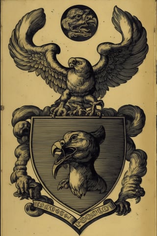 Medieval style ornamental coat of arms, head of a cyborg eagle