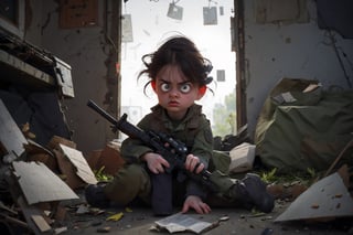 on the outside
assault rifle, holding a rifle, soldier clothing,
Iran, Afghanistan
fire, war crimes, apocalypse, war crimes, terrorism, terrorist, destroyed car

  assault rifle, firearm
Debris, destruction, ruined city, death and destruction.
​
2 girls
Angry, angry look, 
child, child focusloli focus, a girl dressed as a soldier, surrounded by war destruction, cloudy day, high quality, high detail, immersive atmosphere, fantai12,DonMG414, horror,full body,full_gear_soldier,full gear,soldier,r1ge,xxmixgirl, ,realistic,ink ,Pixel art,REALISTIC,disney pixar style,RPG