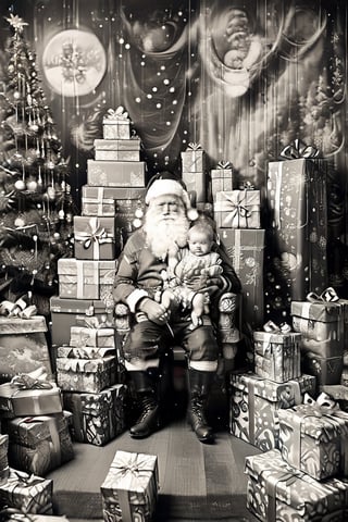 black and white photography.
High quality in the face, HD, extremely high quality in the face
Santa Claus with a small child on his knee, surrounded by gifts of various colors, Christmas atmosphere

Art style by Kate Baylay,photorealistic