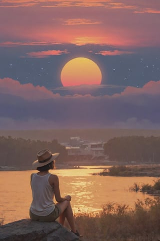 (Silhouette back view). A (Masterpiece), (Perfectly Detailed), (artwork), (hyper-realistic), (((silhouette))) image of a back of a beautiful girl, sole_female 20yo, (((very short hair))), short beard, 160cm of heights. wearing khaki shirt, shorts, hat and dress with glasses, looking at the sunset while sitting on the riverside of Gangga River. Clear afternoon sky, beautifull sunset. Focus on the sunset, backlight, silhouettes,  (((looking_away_from_viewer))), earthy color palette, jrpg, cartoonish vector, volumetric lights, nature-evocative, enchanting, whimsical, detailed, emotionally evocative, fantastical, imaginative, visually rich, nostalgic, vivid, expansive, atmospheric, dynamic, ever-changing, awe-inspiring, painterly, dramatic, dreamlike, emotive, anatomically_correct, best quality (sky 60%) art by MSchiffer,Leonardo Style,aw0k euphoric style