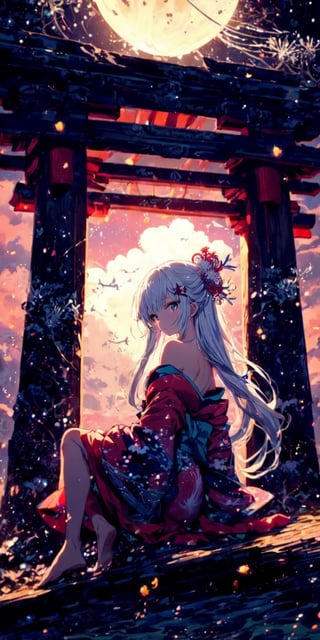 Gorgeous fantasy masterpiece in dark color tone, (((an anime style slender girl dressing (((low-cut))) kimono in short kimono skirt))), (((strapless))), [(((the contrast pattern of kimono is about black, galaxy, stars, colorful, spider lily)))], long sleeve, (((exposed clavicle))), (((exposed shoulders))), (((flowing long hair))), (((sidely sitting on the roof of a very big grand intricately glowy japanese torii in a distance))), (((full torri))), (((sitting sideways, crossing bare slender leg, bare foot, sideways glance, sexy, erotic))),  (((flowing kimono))), (((a small pretty spider lily hair accessory))), (((hyperdetailed skin, full body))), 1girl, solo, (((1torri))), (((spider lily))), (((back lighting))), light particles, defiant gaze, dark of night, sea, galaxy, aurora, clouds, moon, stars, meteor, colorful, low angle shot, detailed,  32k resolution, best quality, midjourney,High detailed ,EpicSky,cloud,sugar_rune,glowing clothes,midjourney,firefliesfireflies,cartoon,xjrex,Color magic,Saturated colors,weapon,DonMF41ryW1ng5,portrait,illustration,fcloseup,rgbcolor