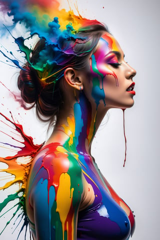 realistic nulatto woman in thin abstract lines, side view, rainbow colors smoky, multicolor bleeding, paint trail, hdr, 16k