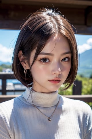 1 girl, (cloud and mountain scenery), (at a shrine in Kyoto), (Japanese shrine), turtleneck sweater, ((Realistic photo: 1.4), Unity 8k, super detailed, beautiful, aesthetic, masterpiece, best quality, shining skin, movie lighting, smile of light, small necklace, earrings, spirit of young beauty, the best face in the world, sexy,a_line_haircut,Young beauty spirit 