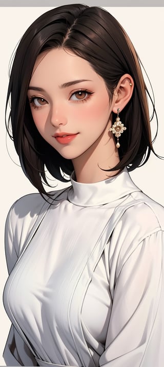 1girl, solo, looking at viewer, smile, short hair, brown hair, black hair, brown eyes,white jewelry, half body, earrings, bracelet, lips, realistic