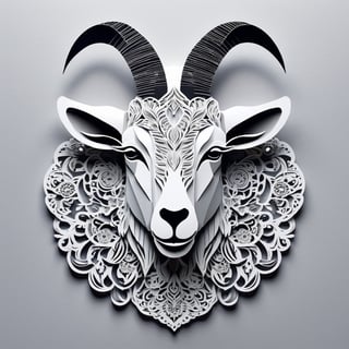 Monochromatic Goat-head Intricate paper-cut illustration,