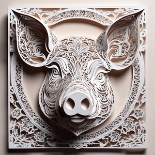 Monochromatic pig-head Intricate paper-cut illustration,