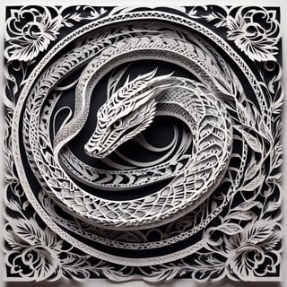 Monochromatic snake-head Intricate paper-cut illustration,