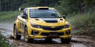 Rally car, (Chevrolet), in the wild, rainy, mud stained, front view, (masterpiece, best quality, extremely detailed), (realistic, photorealistic, high resolution) 