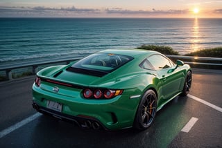 super cars, in the road, sea, green paint, sunset, back view, (masterpiece, best quality, highly detailed) 