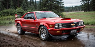 Rally car, coupe, red paint, (Chevrolet), in the wild, rainy, dirt stained, front view, (masterpiece, best quality, extremely detailed), (realistic, photorealistic, high resolution) 