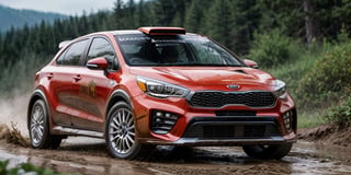 Rally car, (Kia), in the wild, rainy, mud stained, front view, (masterpiece, best quality, extremely detailed), (realistic, photorealistic, high resolution) 