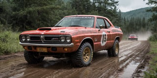 Rally car, (Dodge), in the wild, rainy, mud stained, front view, (masterpiece, best quality, extremely detailed), (realistic, photorealistic, high resolution) 