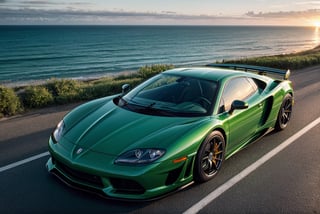 super cars, in the road, sea, green paint, sunset, bottom view, (masterpiece, best quality, highly detailed) 