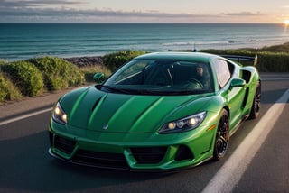 super cars, in the road, sea, green paint, sunset, front view, (masterpiece, best quality, highly detailed) 